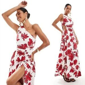 NWOT Abercrombie & Fitch One Shoulder Cutout Maxi Dress Red Floral Sz SP